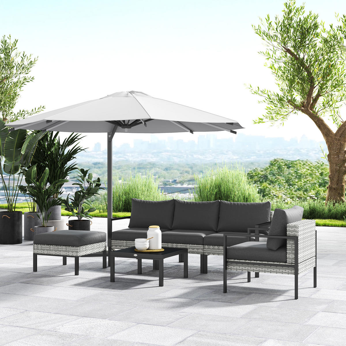 GARTENLOUNGE-SET DE-13619 6-teilig mit Tisch & Hocker Hellgrau - Hellgrau, Kunststoff/Metall - ComfortXL