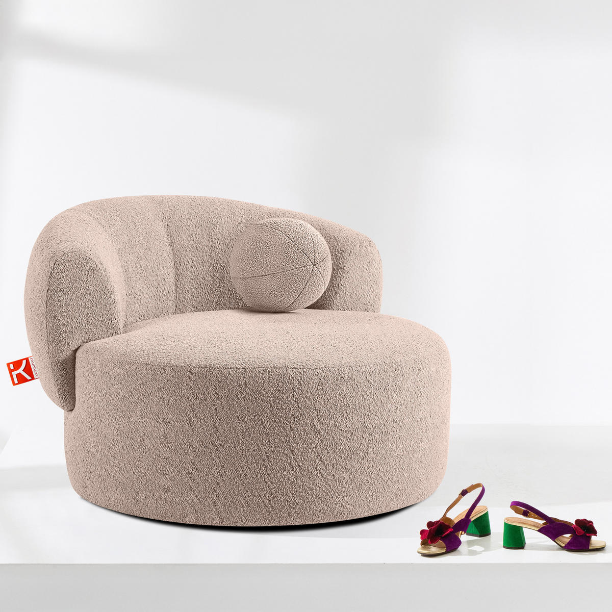 DREHSESSEL VIRA, Rosa, Bouclé - Pink/Schwarz, Holz/Holzwerkstoff (105/76/100cm) - KONSIMO®