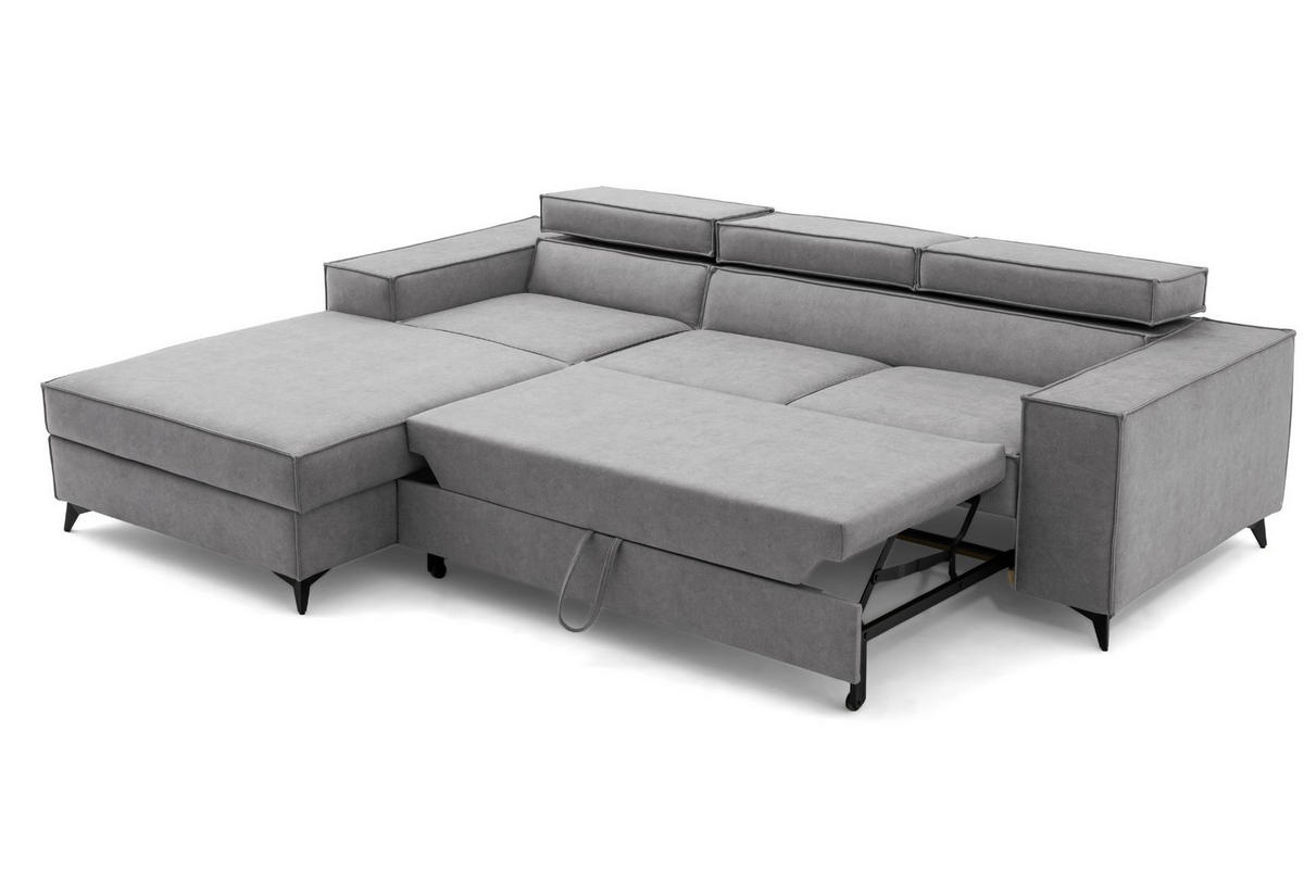 ECKSOFA PURE S Links mit Schlaffunktion 127x215 Velours Hellgrau - Hellgrau/Schwarz, Holz/Textil (281/204cm) - Muffo