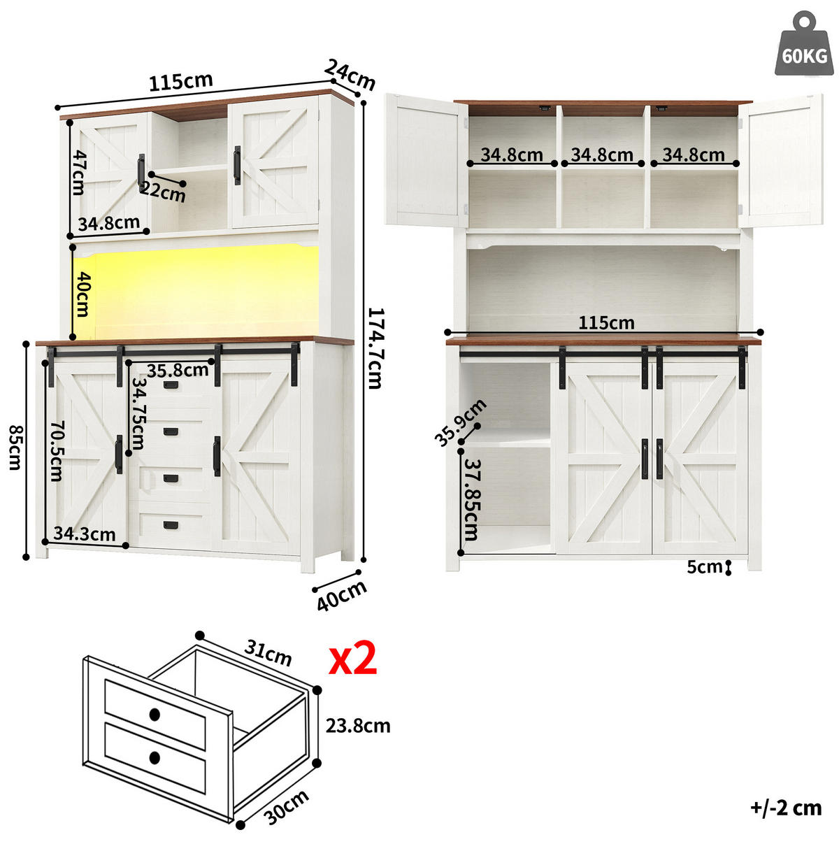 BUFFET 115/40/174,7 cm mit Schubladen, Schiebetüren & LED-Beleuchtung - Weiß, Holzwerkstoff (115/174.7/40cm) - BEAOK