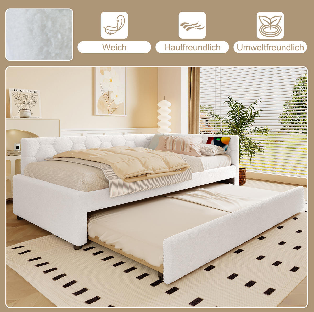 POSTEL 90/200 cm bílá z MDF a bouclé s výsuvným lůžkem USB a Type-C - bílá, textil (90/200cm) - OKWISH