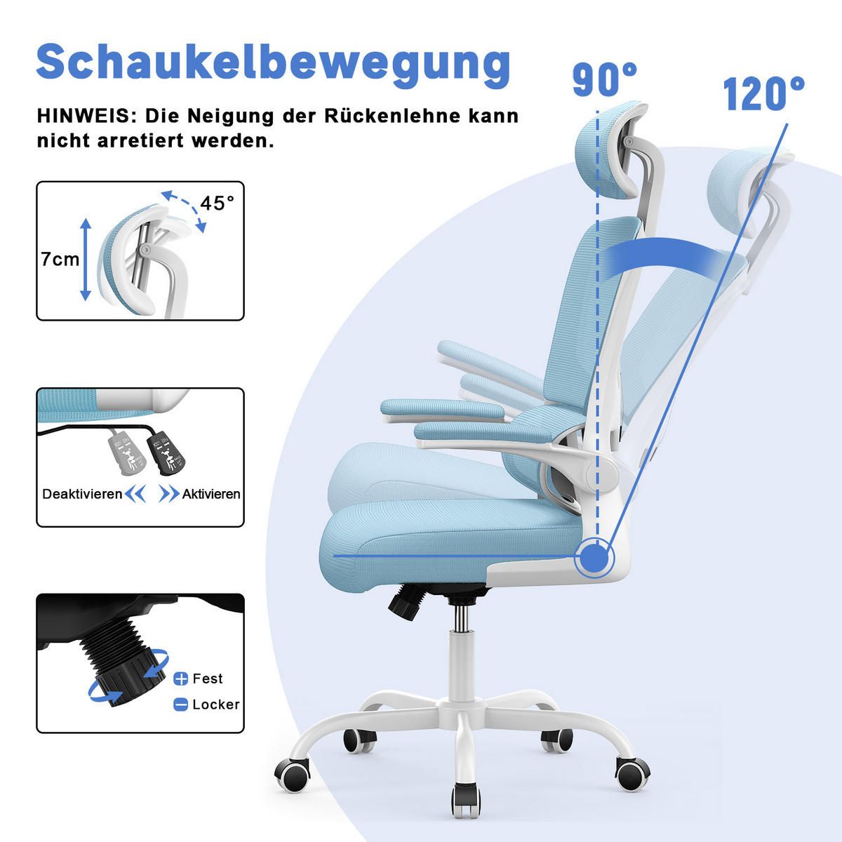 COMPUTERSTUHL drehbar, Wippfunktion – Blau - Blau, Metall (54/127/54cm) - Rattantree