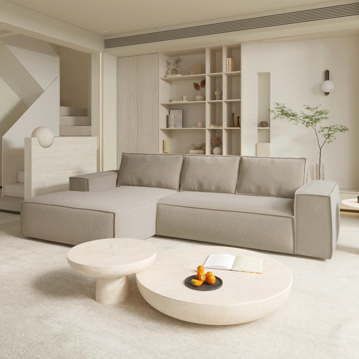 ECKSOFA LINKS Samt Beige 302cm - Beige, Textil (165/302cm) - Sia Home