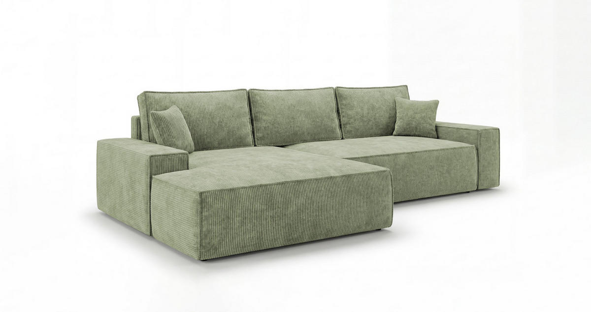 ROHOVÁ pohovka VERONA levá světle zelená manšestr Poso 47 - funkce spaní, úložný prostor - světle zelená, textil (280/185cm) - Cornero