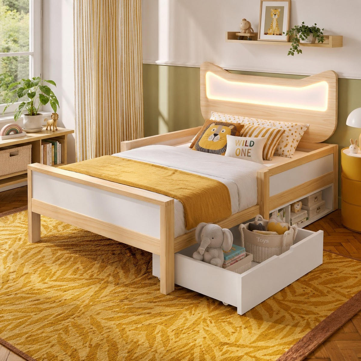 KINDERBETT 90/200 cm aus Holz mit LED-Katzenkopfteil und Stauraum Weiß und Eiche - Eichefarben, Holz (90/200cm) - Modenvie
