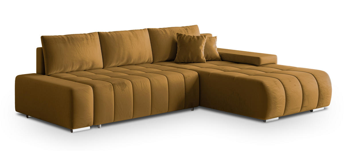 ECKSOFA ALESE R-S Gelb Velours-Stoff mit Schlaffunktion - Gelb, Holz (265/185cm) - MASSENO