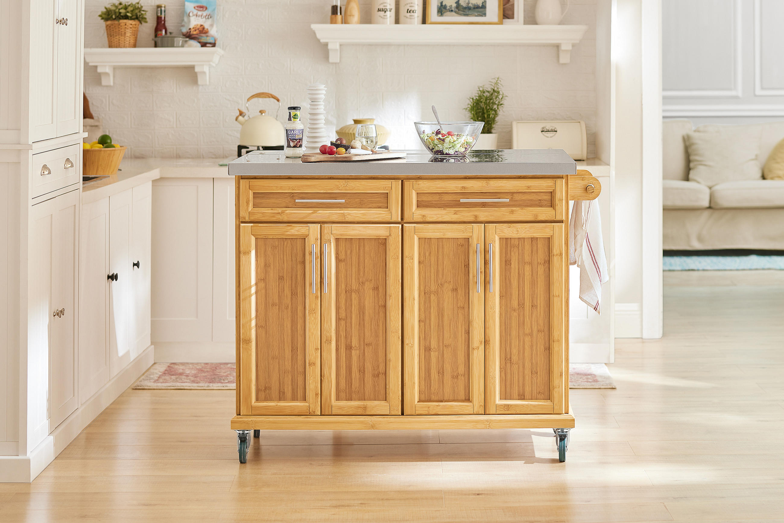 KÜCHENINSEL rollbar Bambus - Naturfarben, Holz/Holzwerkstoff (115/92/71cm) - SoBuy