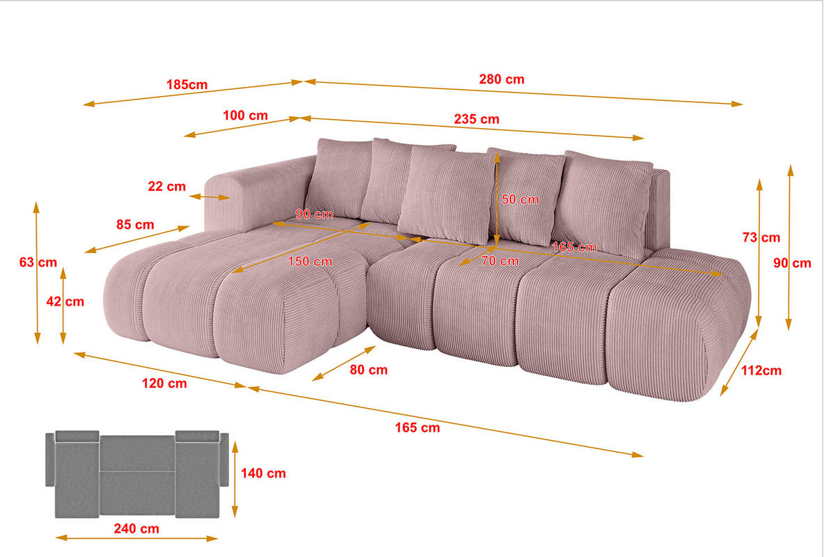 ECKSOFA Ottomane Links CLOUD-L-v1 280x185x90 Rosa Cord - Rosa, Holzwerkstoff/Kunststoff (180/289cm) - ALTDECOR