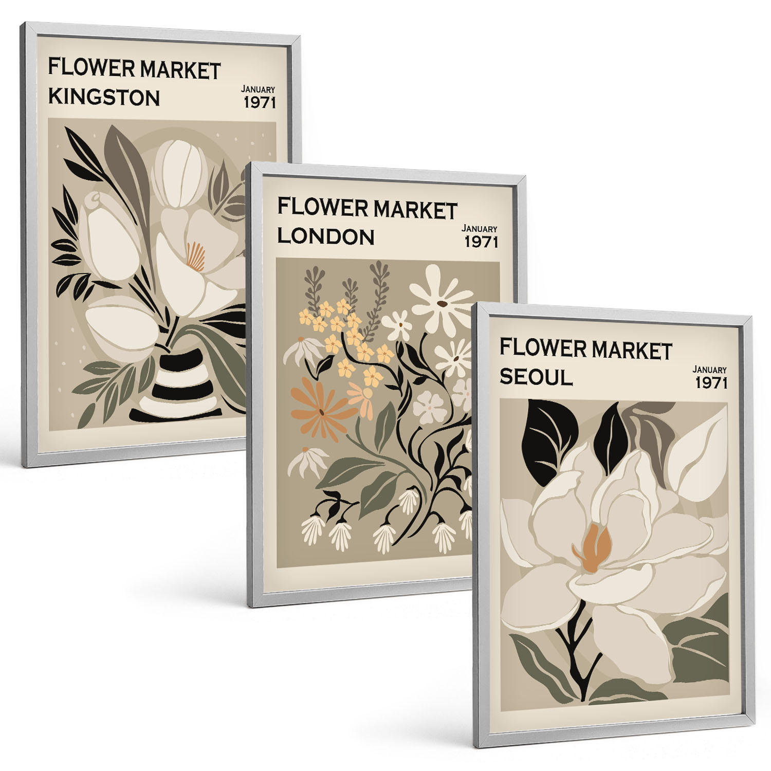 BILDER SET 3er Set - 40x60 cm Silberner Rahmen - Retro-Blumen aus Städten rund um die Welt - Silberfarben, Kunststoff (40/60cm) - TULUP