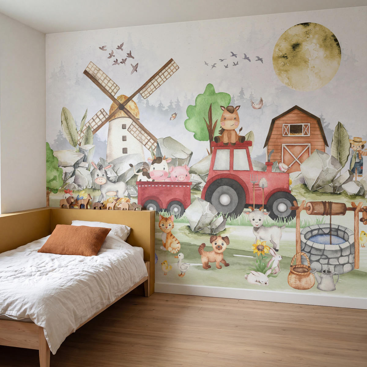 KINDERTAPETE - Bauernhof - Traktor - Kinder - Tiere - 260x200 cm - Weiß, Papier (260/200cm) - OnlyWow