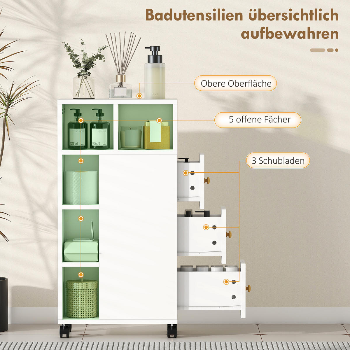 BADEZIMMERSCHRANK Schmal mit 4 Rollen, 3 Schubladen, 5 offenen Fächern, Weiß - Weiß, Holzwerkstoff (20/80/40cm) - HOMCOM