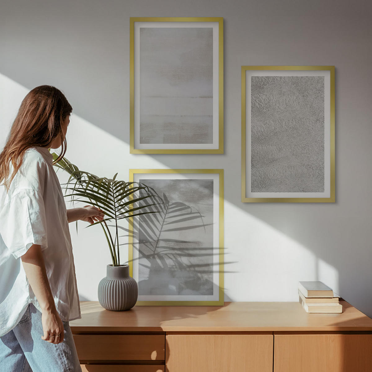 WANDBILDER 3er Set - 40x60 cm Goldrahmen - Moderne minimalistische Texturen - Goldfarben, Kunststoff (40/60cm) - ArtPrintCave
