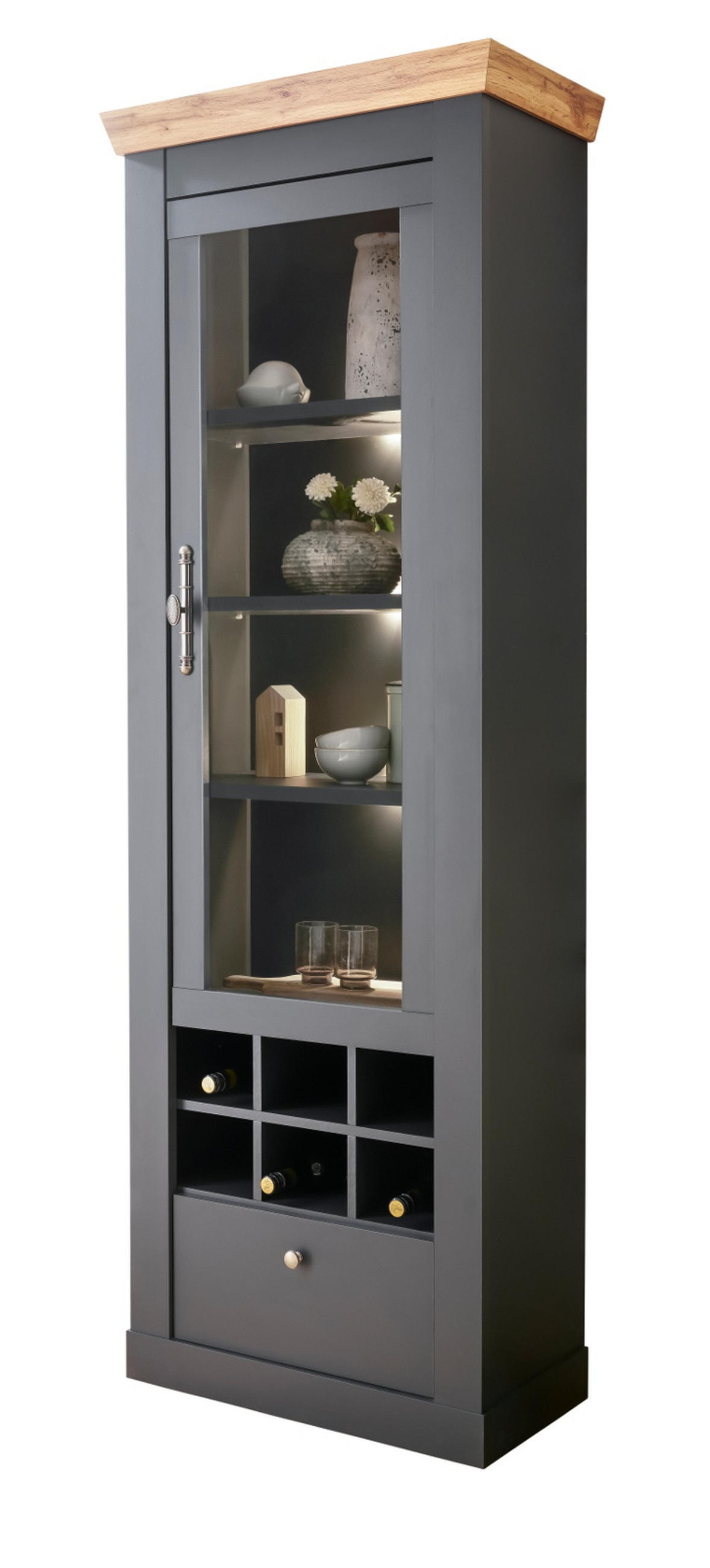 VITRINENSCHRANK grau, Eiche Wotan, Landhaus 72 cm, Vitrine mit Soft-Close - Silberfarben/Eiche Wotan, Glas/Holzwerkstoff (72/201/38cm) - Furn.Design