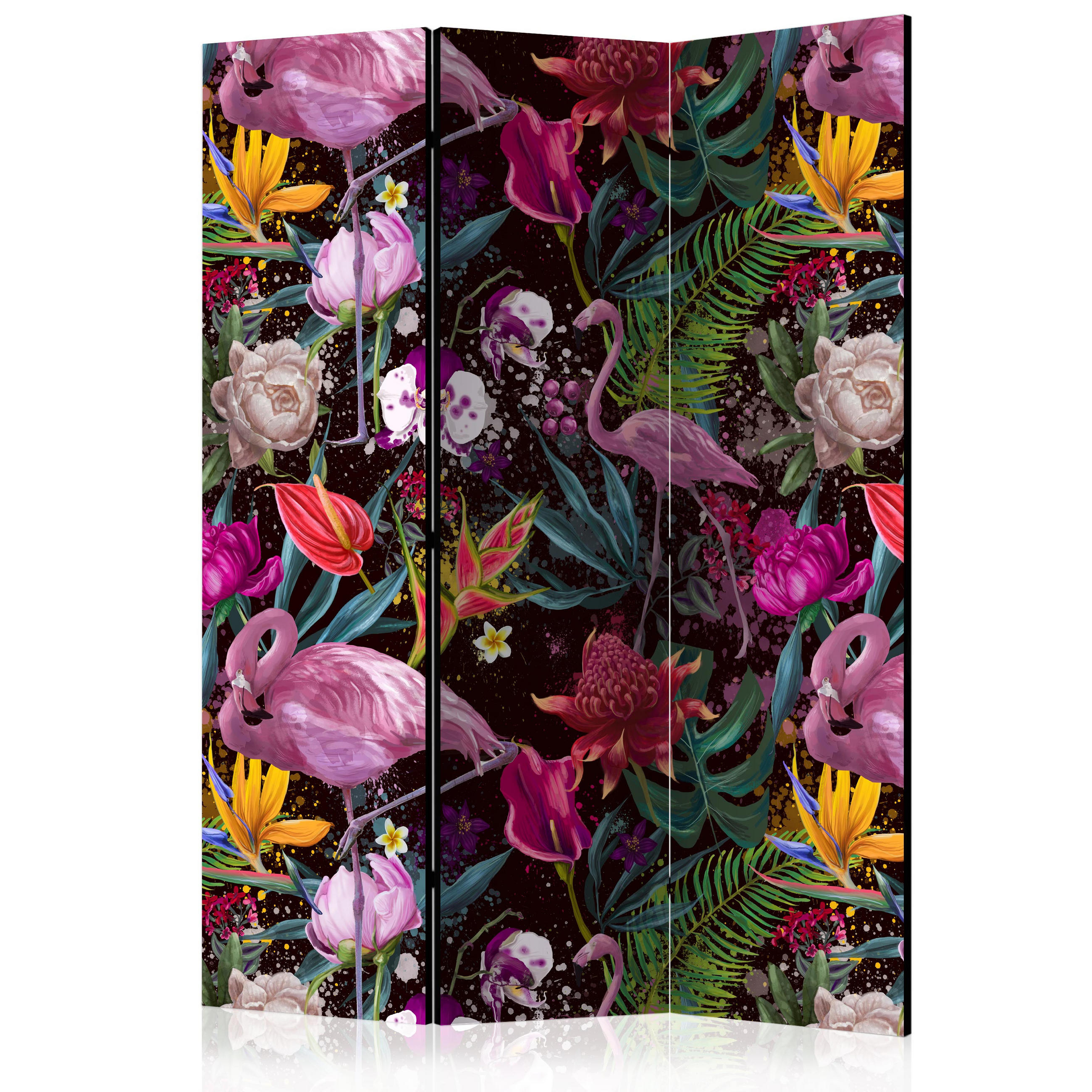 PARAVENT Einseitig Bedruckter 3-tlg 135x172 cm Flamingos Und Exotische Blumen - Rosa, Holz/Textil (135/172/3cm) - Muralo