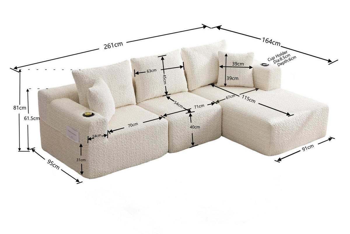 ECKSOFA 261/165/80,5 cm ohne Montage mit Getränkehaltern, Seitentaschen und modularem Chenille-Bezug, Beige - Beige, Textil (261/165cm) - Redom