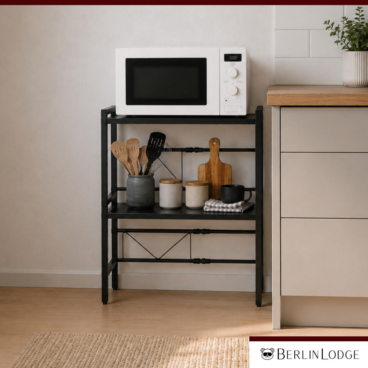 VERSTELLBARES Mikrowellenregal NEXO mit Ablagefläche 3-Stufig HxBxT 80x40-60x36 cm Ausziehbar zwischen 40-60cm Metall Schwarz - Schwarz, Metall (60/80/36cm) - BERLINLODGE