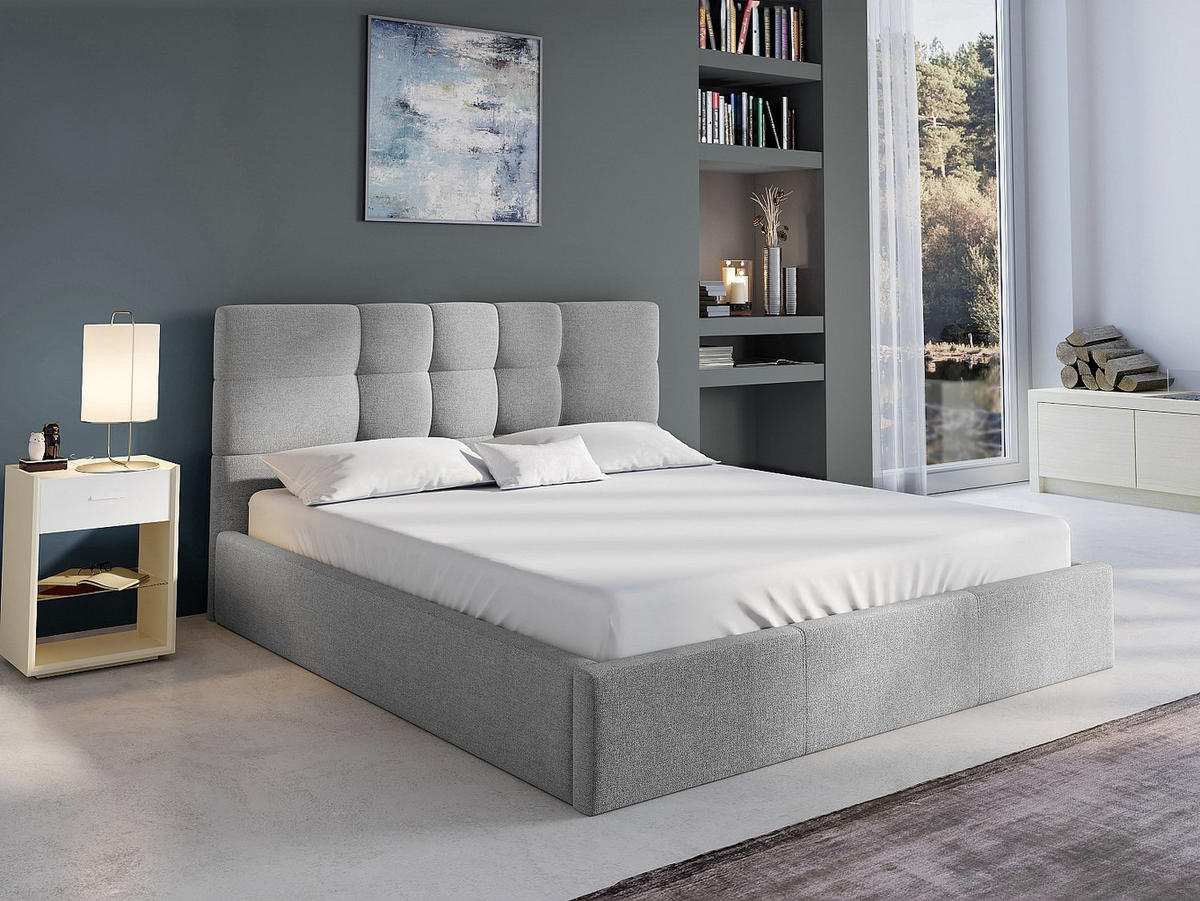 BETT mit Bettkasten - 2 Personen - Stoff - Hellgrau - - Hellgrau, Textil (160/200cm) - Vente-Unique