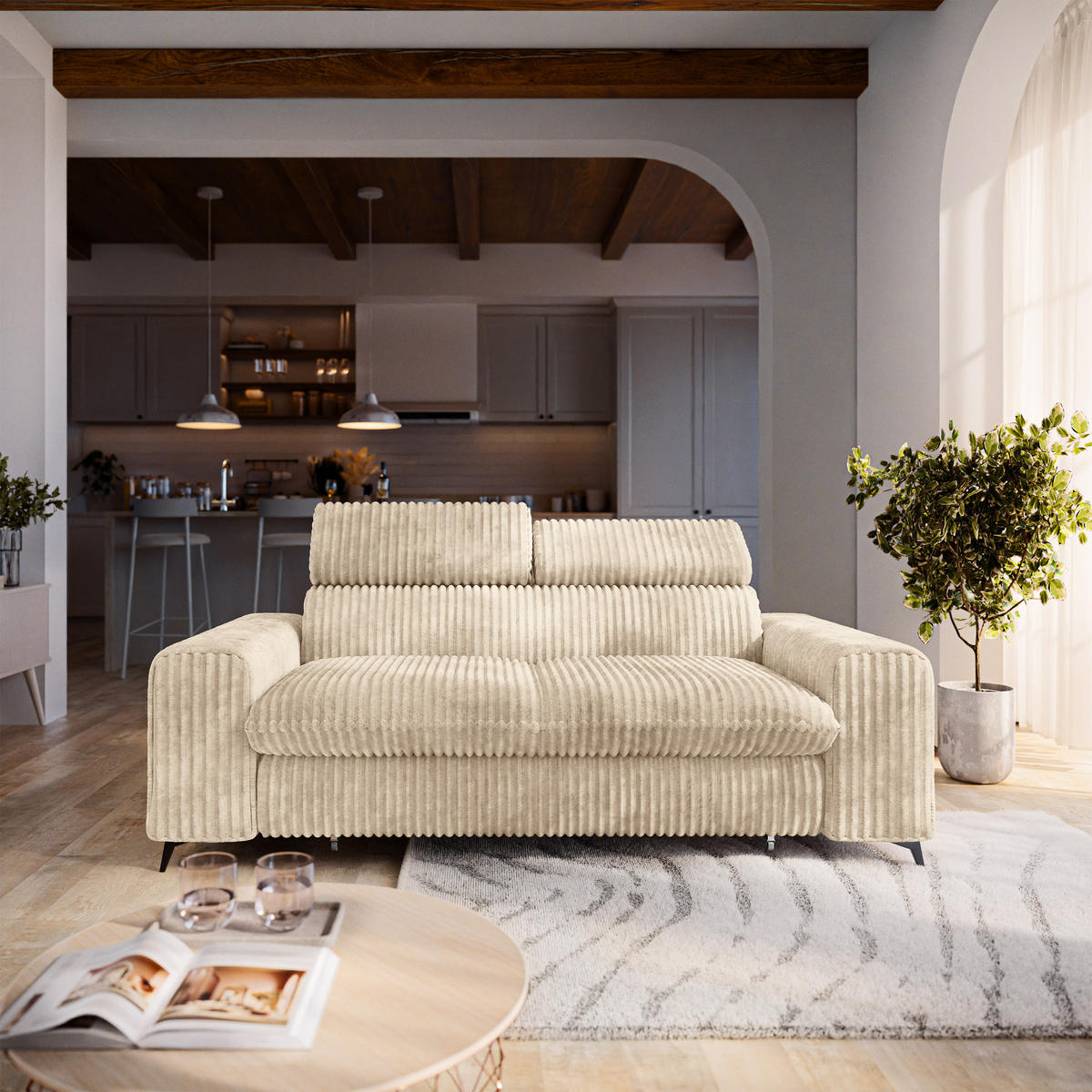 BETTSOFA BENETE Creme Cordstoff mit Schlaffunktion - Creme, Holz/Textil (191/89/92cm) - MASSENO