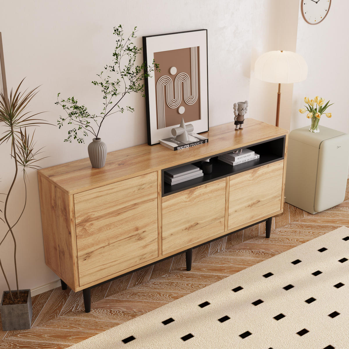 SIDEBOARD aus MDF mit 3 Türen und verstellbaren Einlegeböden, 160/35/76 cm, Schwarz und Natur - Naturfarben, Holzwerkstoff (160/76/35cm) - Redom
