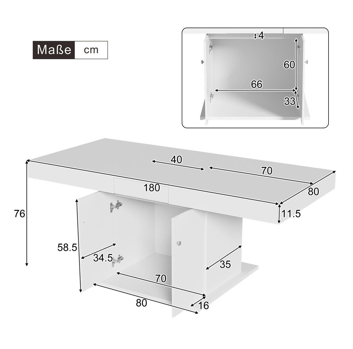 ESSTISCH 140-180x80x76 cm in Weiß aus Spanplatte und Metall mit Stauraum - Weiß, Holzwerkstoff (80/180/76cm) - Modfu