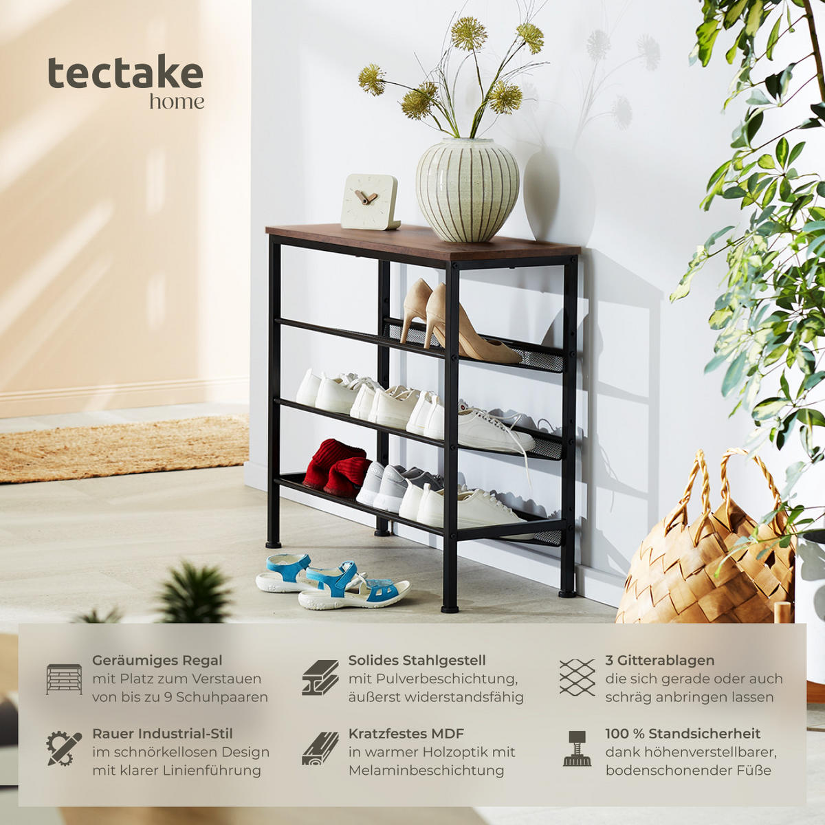 SCHUHREGAL Wolverhampton,75,5 x 30,5 x 69,5 cm,Industrial Holz dunkel, rustikal - Rostfarben, Holz (30.5/69.5/75.5cm) - tectake