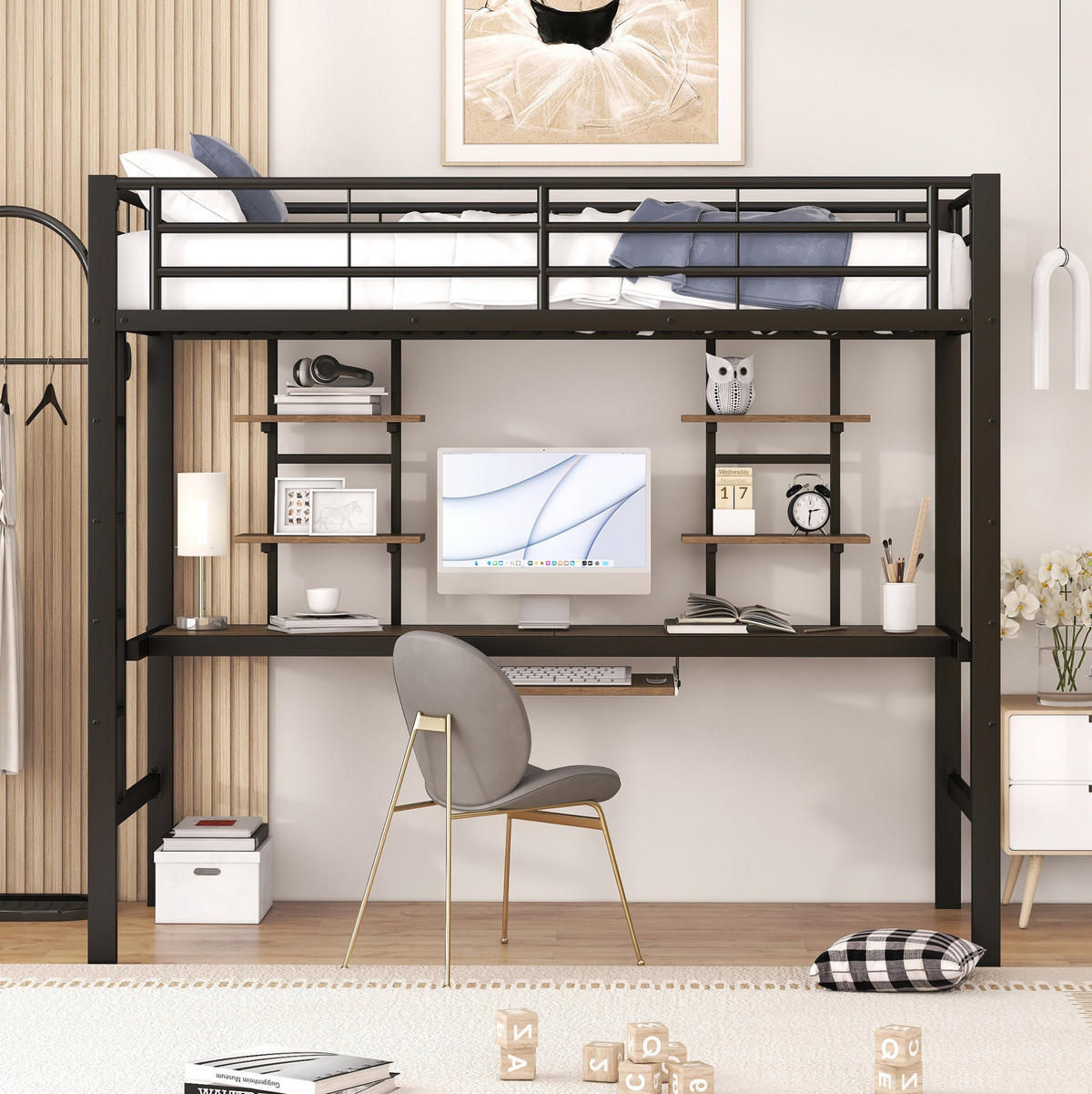 HOCHBETT 90/200 cm aus Metall mit Schreibtisch und 2 Regalen in Schwarz - Schwarz, Metall (90/200cm) - Flora Grace