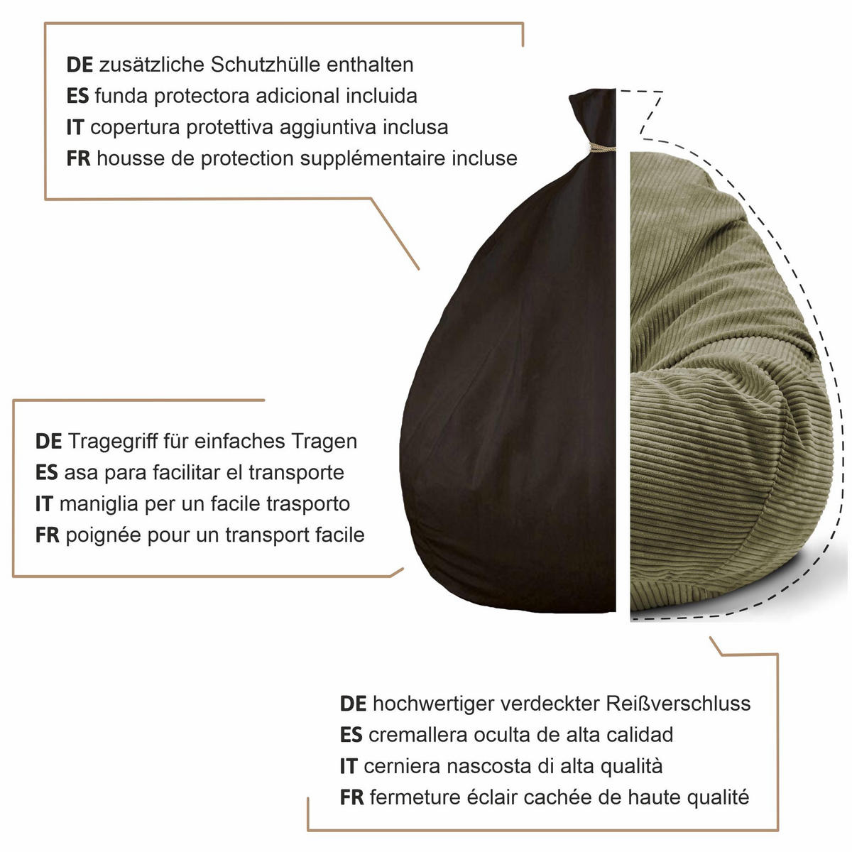 SITZSACK PARADISE MIT FUßSTÜTZE Kordsamt 2-tlg Dark Olive M - Olivgrün/Grün, Textil (90/100/90cm) - Dreamroots