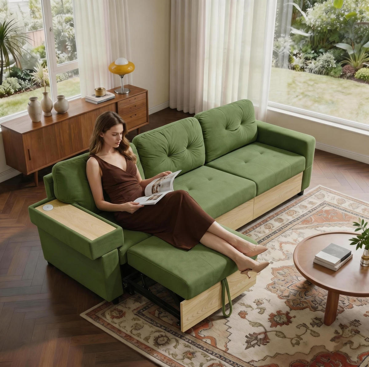 ECKSOFA 228/80/78 cm aus Samt mit ausziehbarer Ottomane und USB-Anschluss Grün - Grün, Textil (80/228cm) - Modenvie
