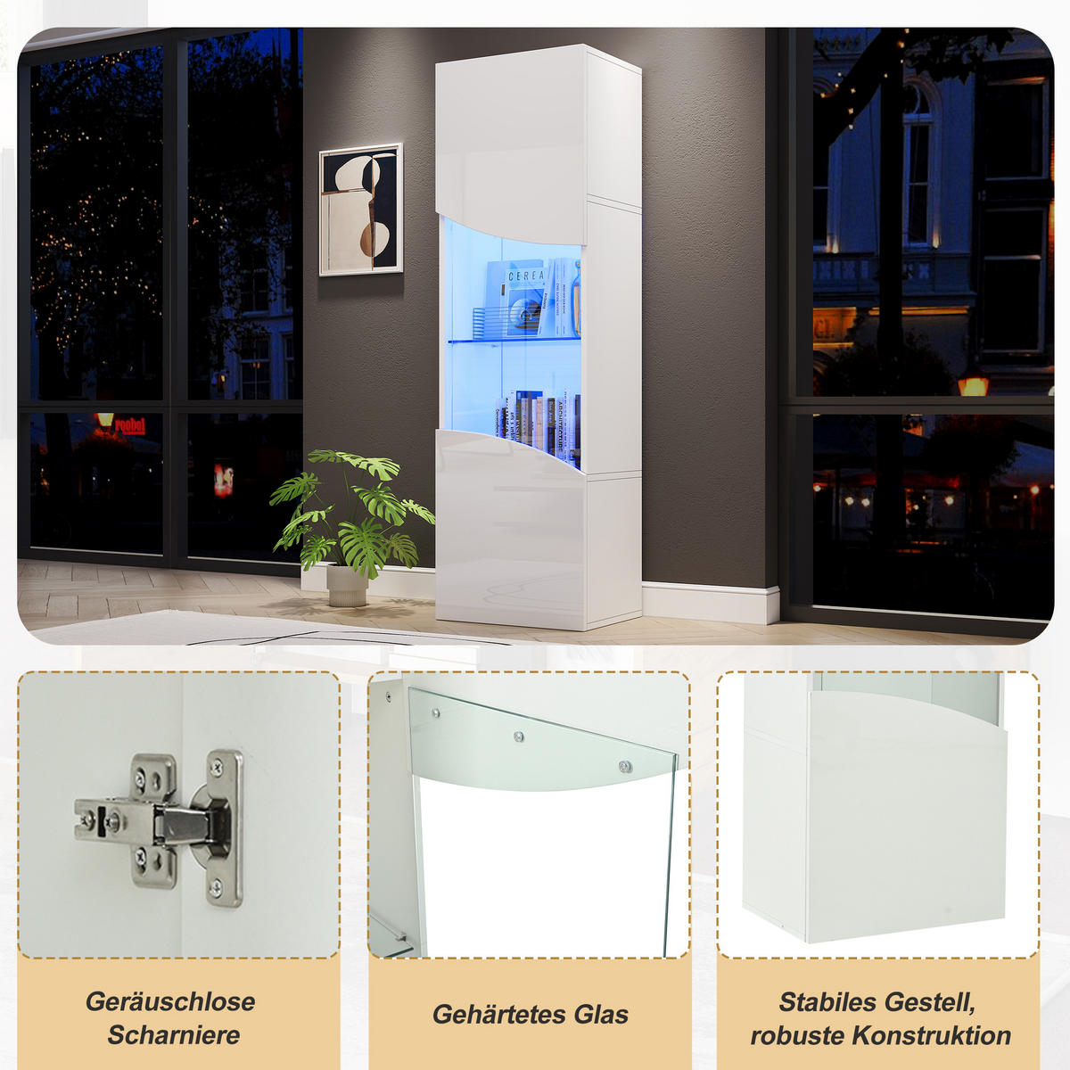 VITRINE LED Hochglanz Vitrinenschrank Glastüren 165cm Weiß - Weiß, Holzwerkstoff (35/165/50cm) - FLIEKS