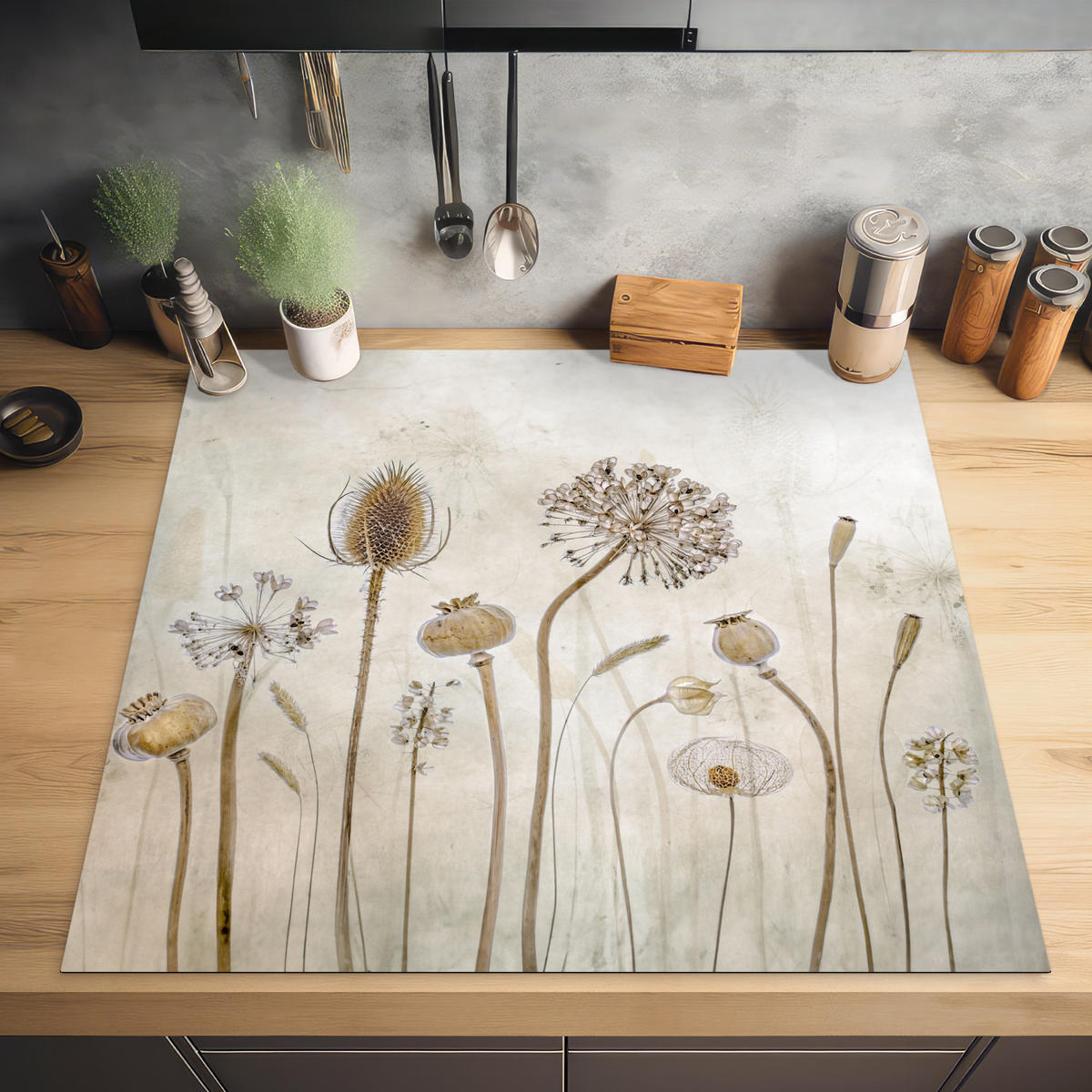 HERABDECKPLATTE - Blumen - Aquarell - Stilleben - Braun - Vintage - 58x59 - Sandfarben, Kunststoff (58/59/0.2cm) - MuchoWow
