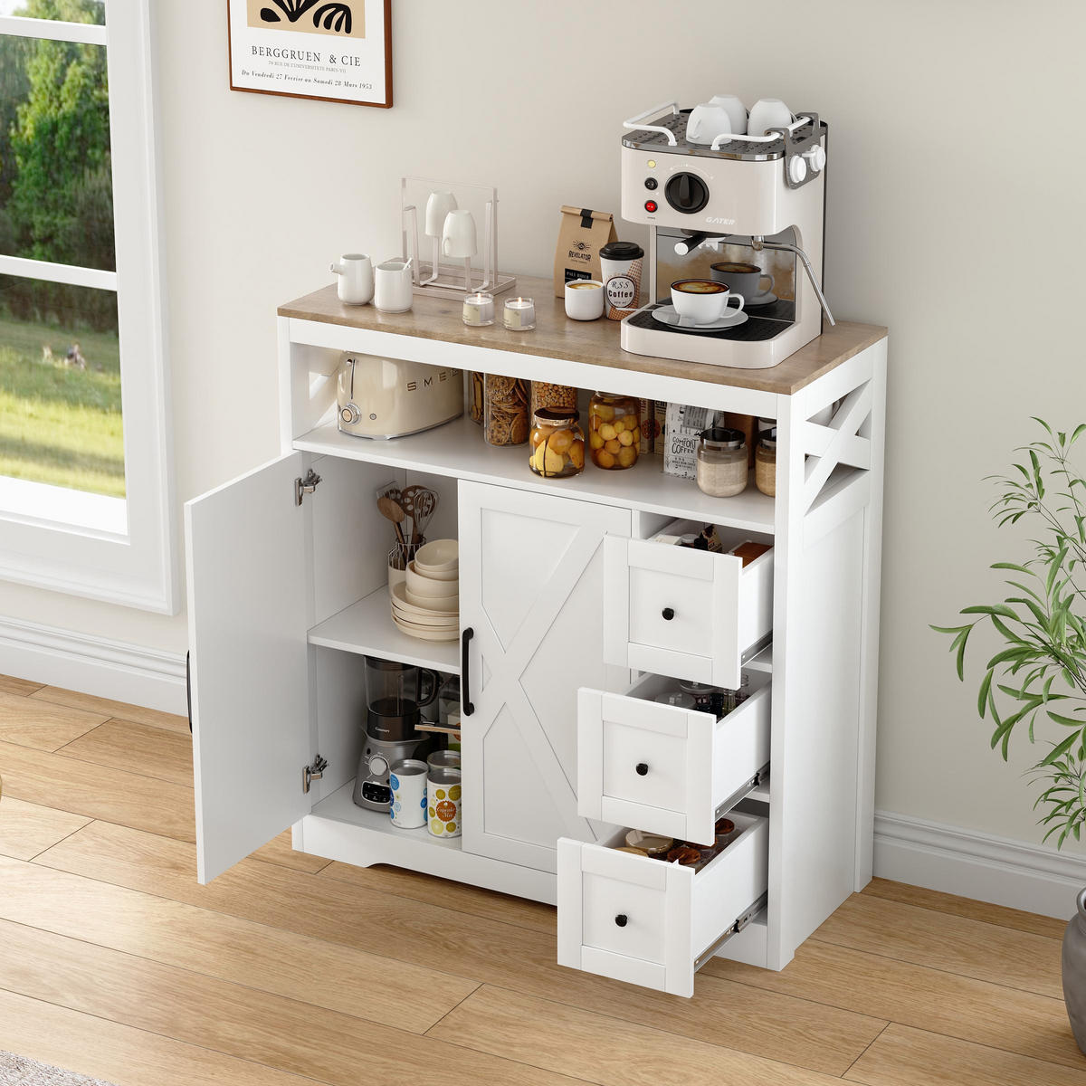 SIDEBOARD 100 cm, Skandinavischer Stil mit Kreuzdekoration, 3 Schubladen, 2 Türen und offenen Regalen, Weiß - Weiß, Holzwerkstoff (100/40/105cm) - Waldena