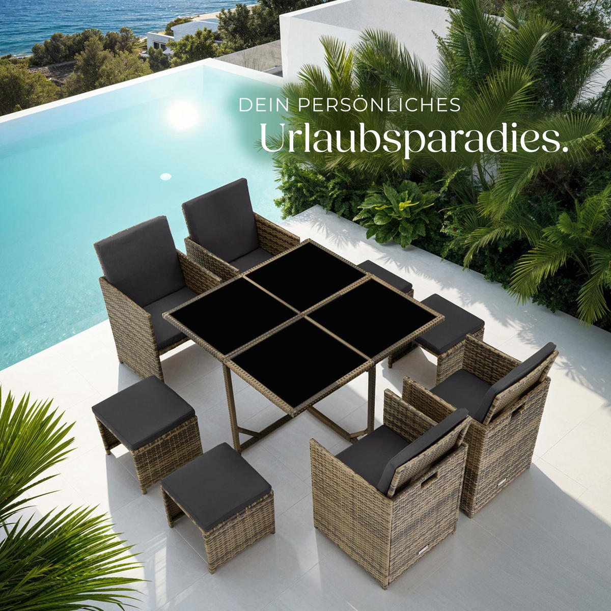 RATTAN SITZGRUPPE Bilbao,zusammenschiebbar, inklusive Schutzhülle,natur - Naturfarben, Kunststoff - tectake