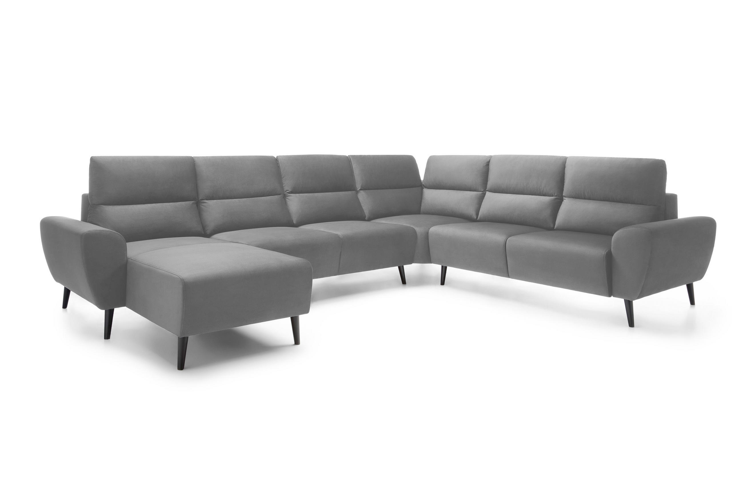 ECKSOFA BOSCO U-Form, Monolith-Stoff, Freistehend, mit verstellbaren Kopfstützen, Sofa für Familien, Größe: 340x270x98cm, Farbe: Esche - Silberfarben, Holz/Textil (270/340cm) - DomoHome
