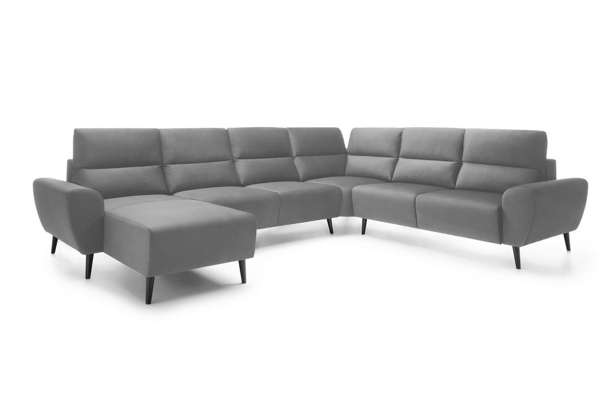 ECKSOFA BOSCO U-Form, Monolith-Stoff, Freistehend, mit verstellbaren Kopfstützen, Sofa für Familien, Größe: 340x270x98cm, Farbe: Esche - Silberfarben, Holz/Textil (270/340cm) - DomoHome
