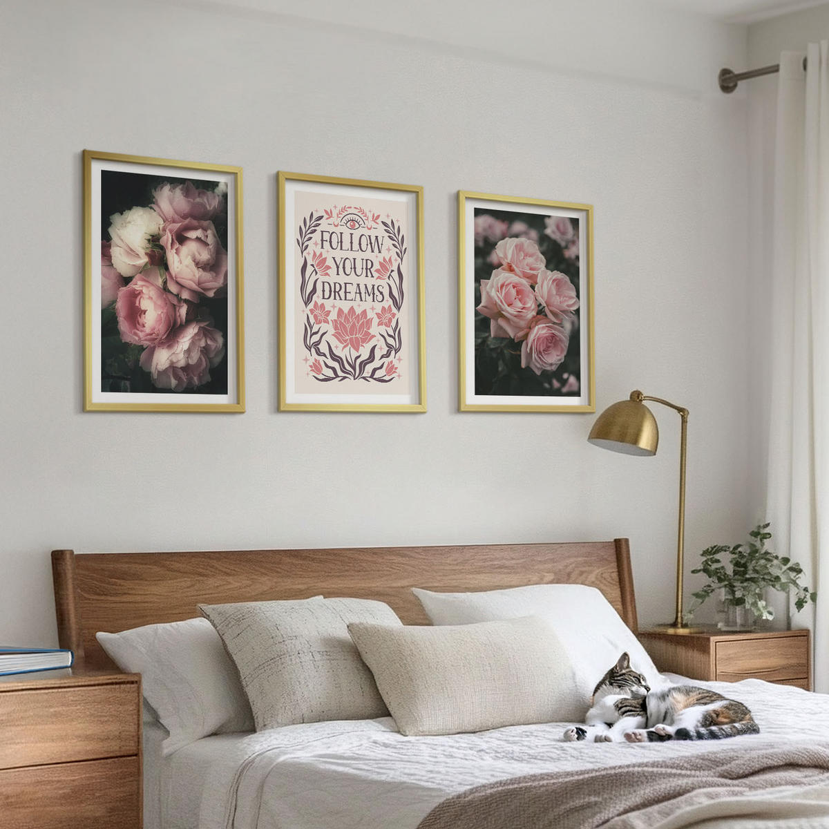 WANDBILDER 3er Set - 40x60 cm Goldrahmen - Vintage-Rosenträume-Inschrift - Goldfarben, Kunststoff (40/60cm) - ArtPrintCave