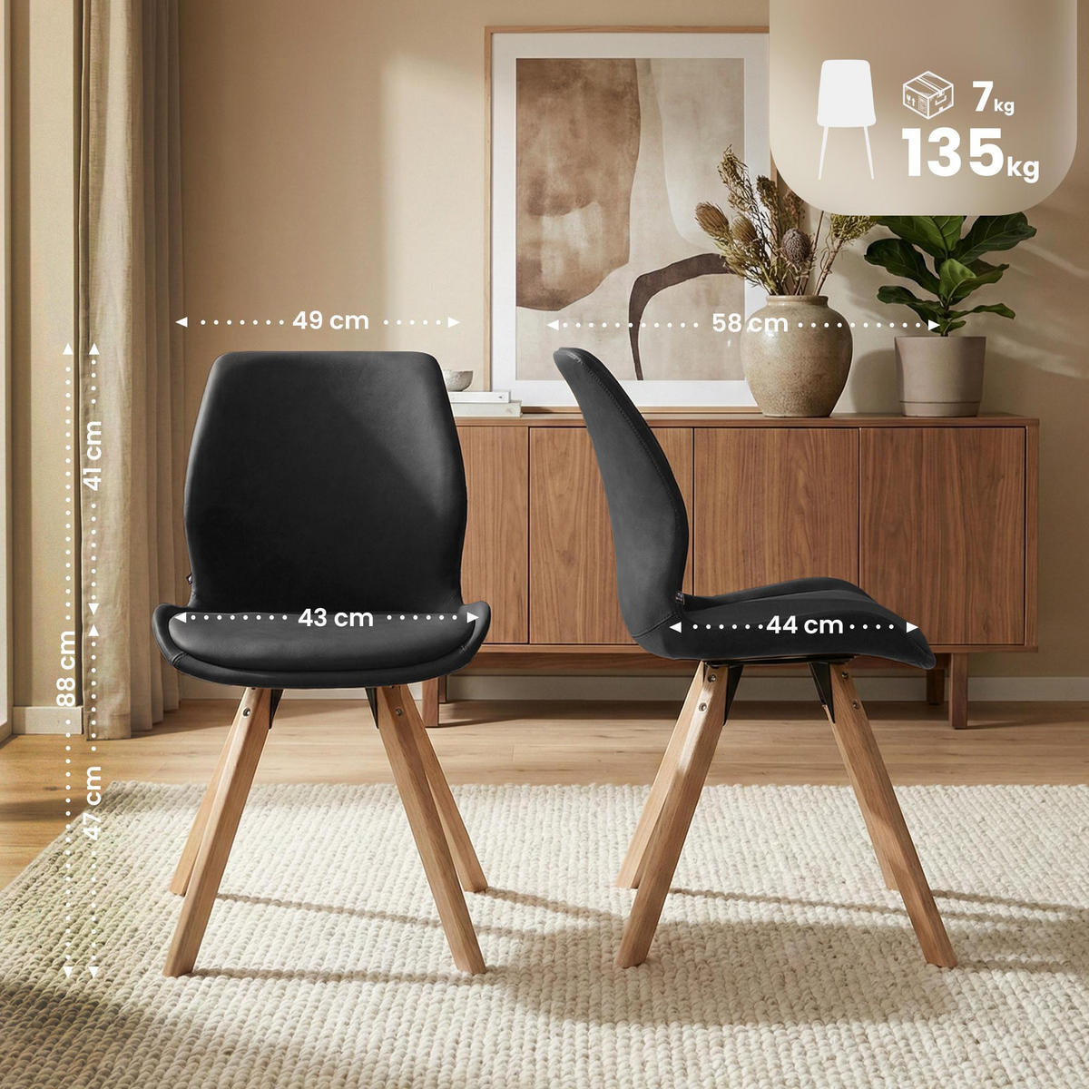 STUHL 4er Set Lederlook Schwarz - Eukalyptusholzfarben/Schwarz, Holz/Textil (49/87/58cm) - CLP