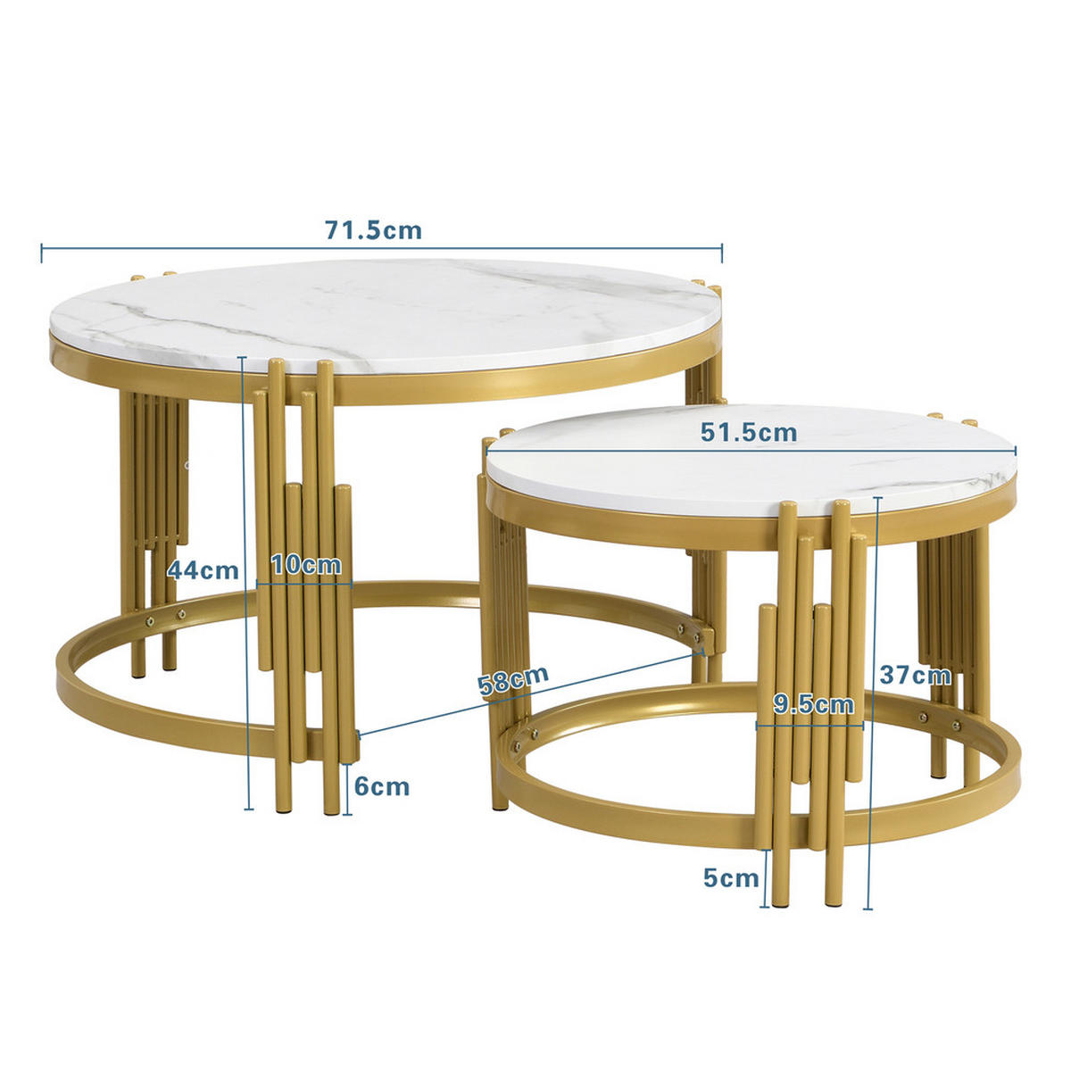 COUCHTISCH Set 2 Größen Marmoroptik Gold Rahmen Rund Modern Modulierbar - Weiß, Holz (78/77/17cm) - FLIEKS