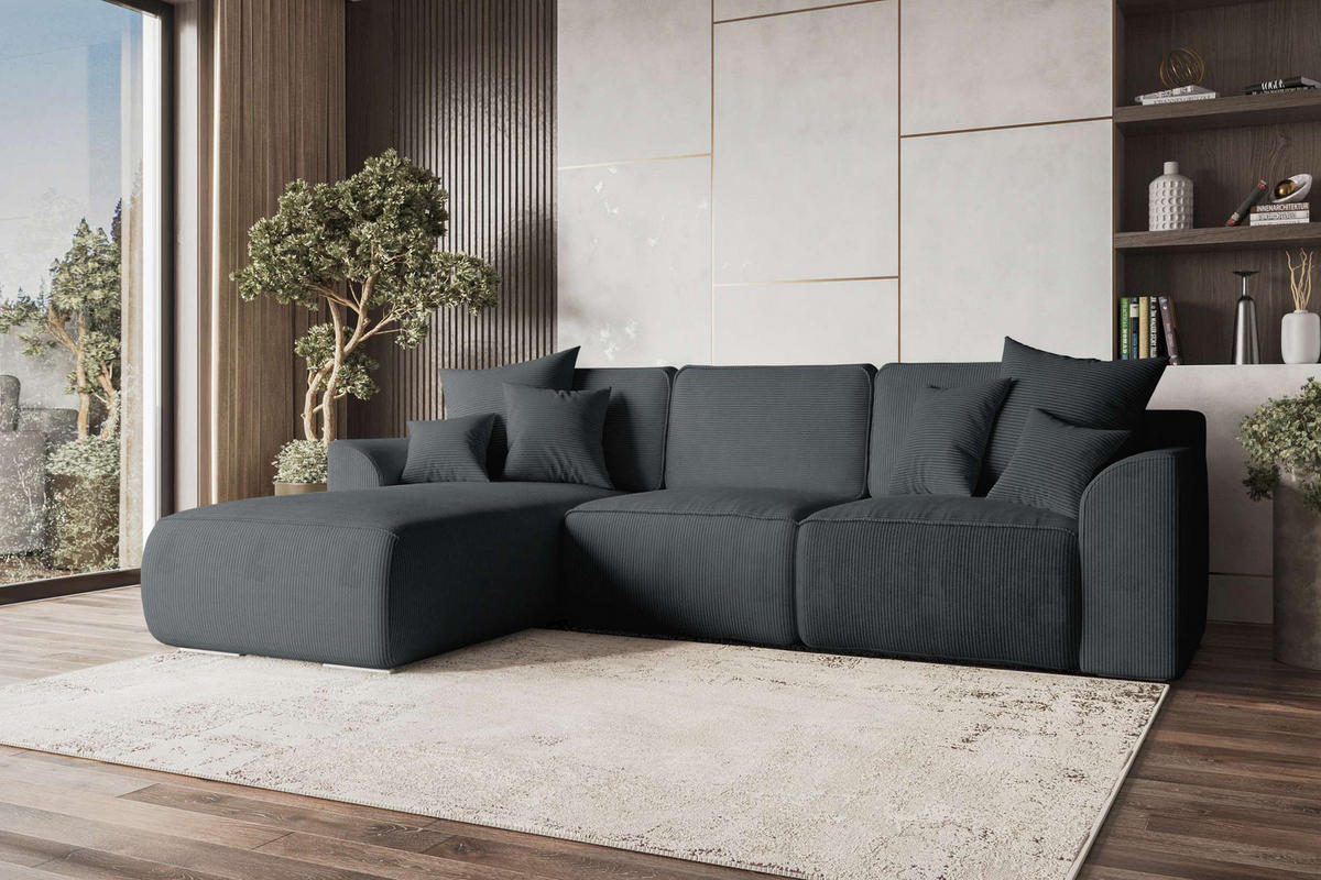 ECKSOFA GUSTO Cordstoff Graphitfarben Links inkl. Schlaffunktion - Chromfarben/Graphitfarben, Kunststoff/Textil (295/194cm) - 99rooms