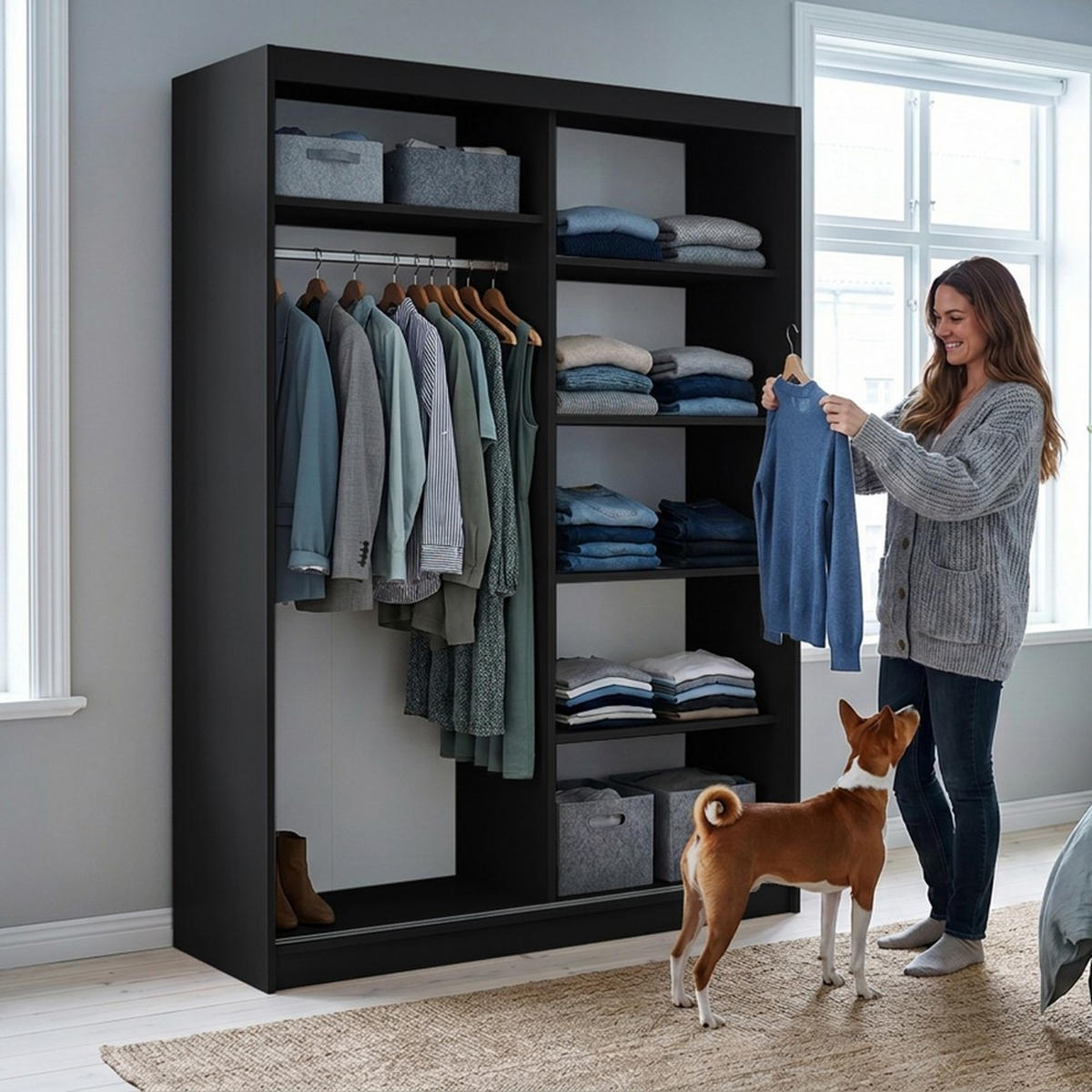 SCHWEBETÜRENSCHRANK Donatello mit 2 Türen. 160 cm, Schwarz+eiche Artisan - Schwarz/Eiche Artisan, Holzwerkstoff (160/205/60cm) - Beautysofa