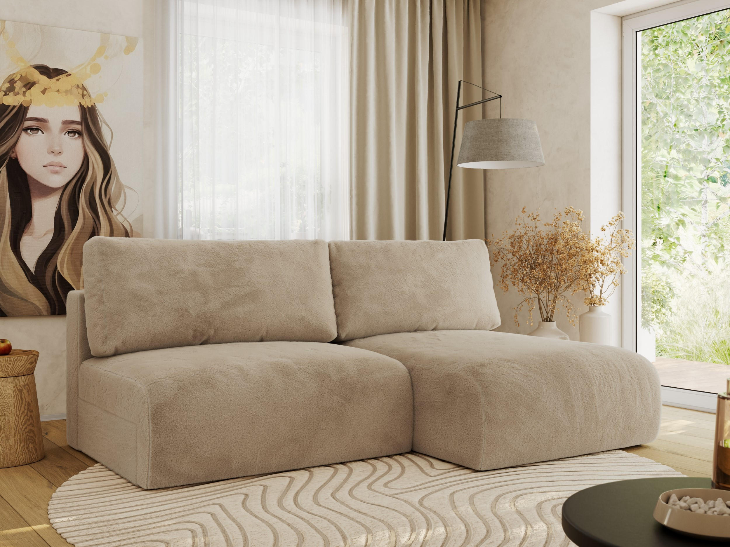 ECKSCHLAFSOFA VIVO L Beige Plüsch - rechts - Beige/Schwarz, Kunststoff/Textil (150/223cm) - MKS