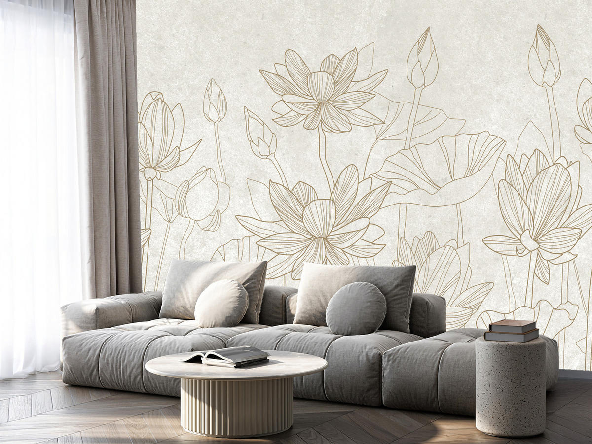 FOTOTAPETE für Wohnzimmer Linienzeichnung Blumen Pflanzen Natur 100x70 - Beige, Papier (100/70cm) - Muralo