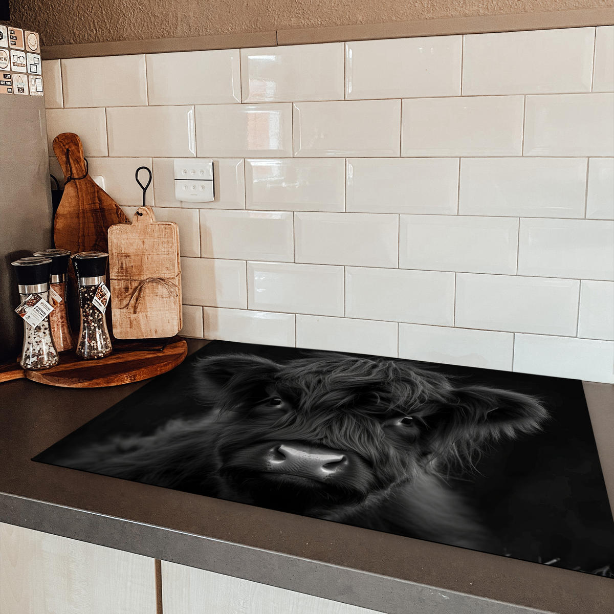 HERDABDECKPLATTE Scottish Highlander - Schwarz - Kalb - Kuh Induktionsmatte 77x51 cm - Schwarz, Kunststoff (77/51/0.2cm) - MuchoWow