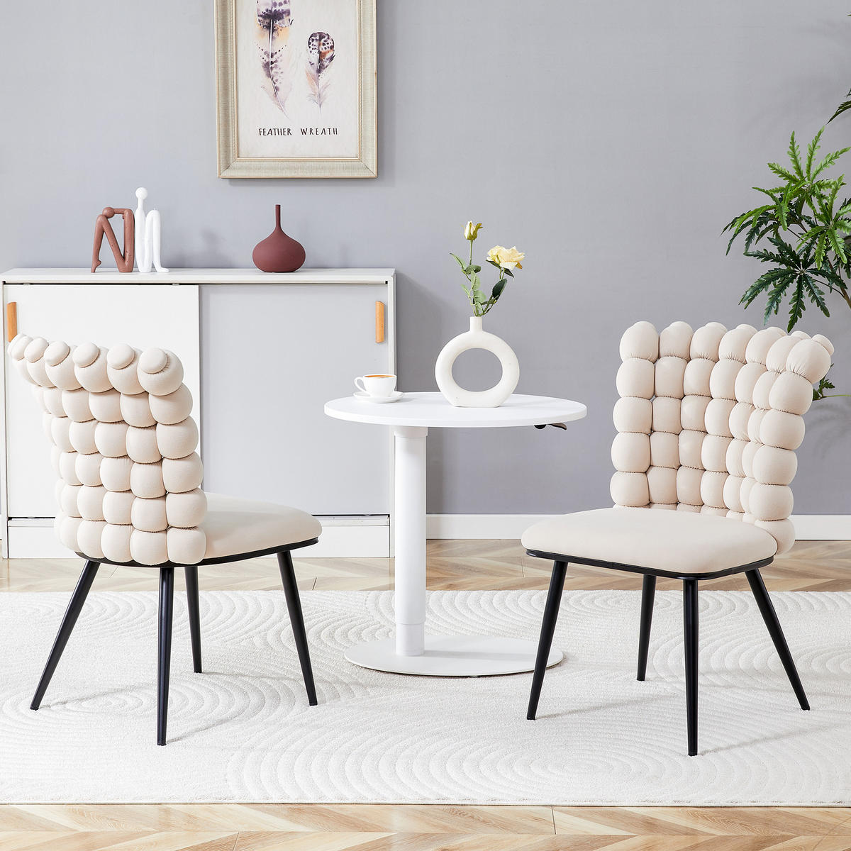 STUHL-SET DE-36754 2 Stück mit Kugelketten-Rückenlehne und Samtbezug Creme - Creme, Metall (48/88/54cm) - ComfortXL