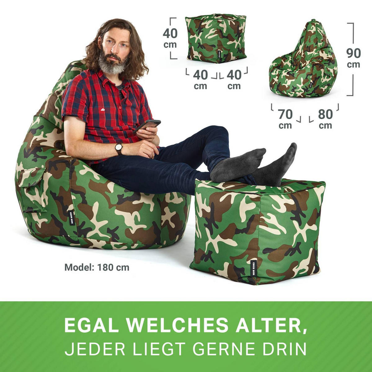 SITZSACK + Hocker "Cozy+Cube" 2er Set - Braun/Grün, Textil (70/90/80cm) - Green Bean