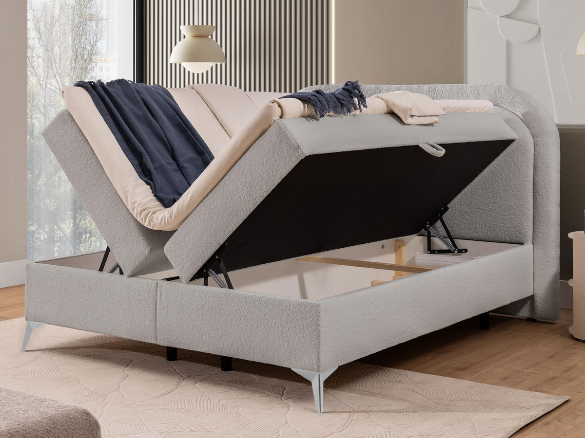 BOXBETT Sonna 140/200 cm Hellgrau Bouclé-Stoff mit abgerundetem Kopfteil und mit silbernen Metallfüßen - Silberfarben/Hellgrau, Holz/Textil (140/200cm) - S-Style Möbel