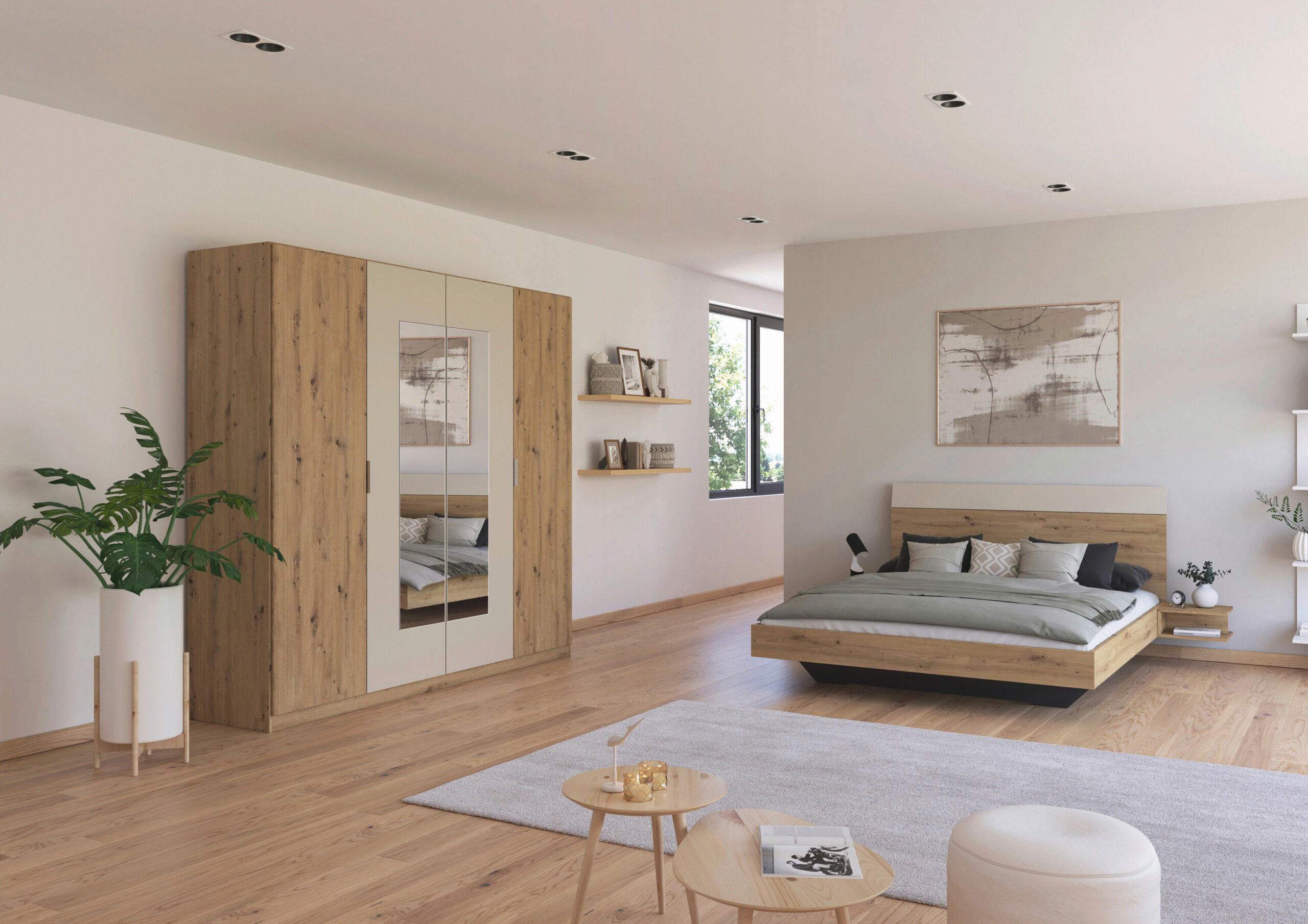 SCHLAFZIMMER Monza in Eiche Artisan und Beige mit Bettanlage 160x200cm, 2 Nachttischen und Drehtürenkleiderschrank 4türig mit Spiegel - Braun, Holzwerkstoff (80/200/120cm)