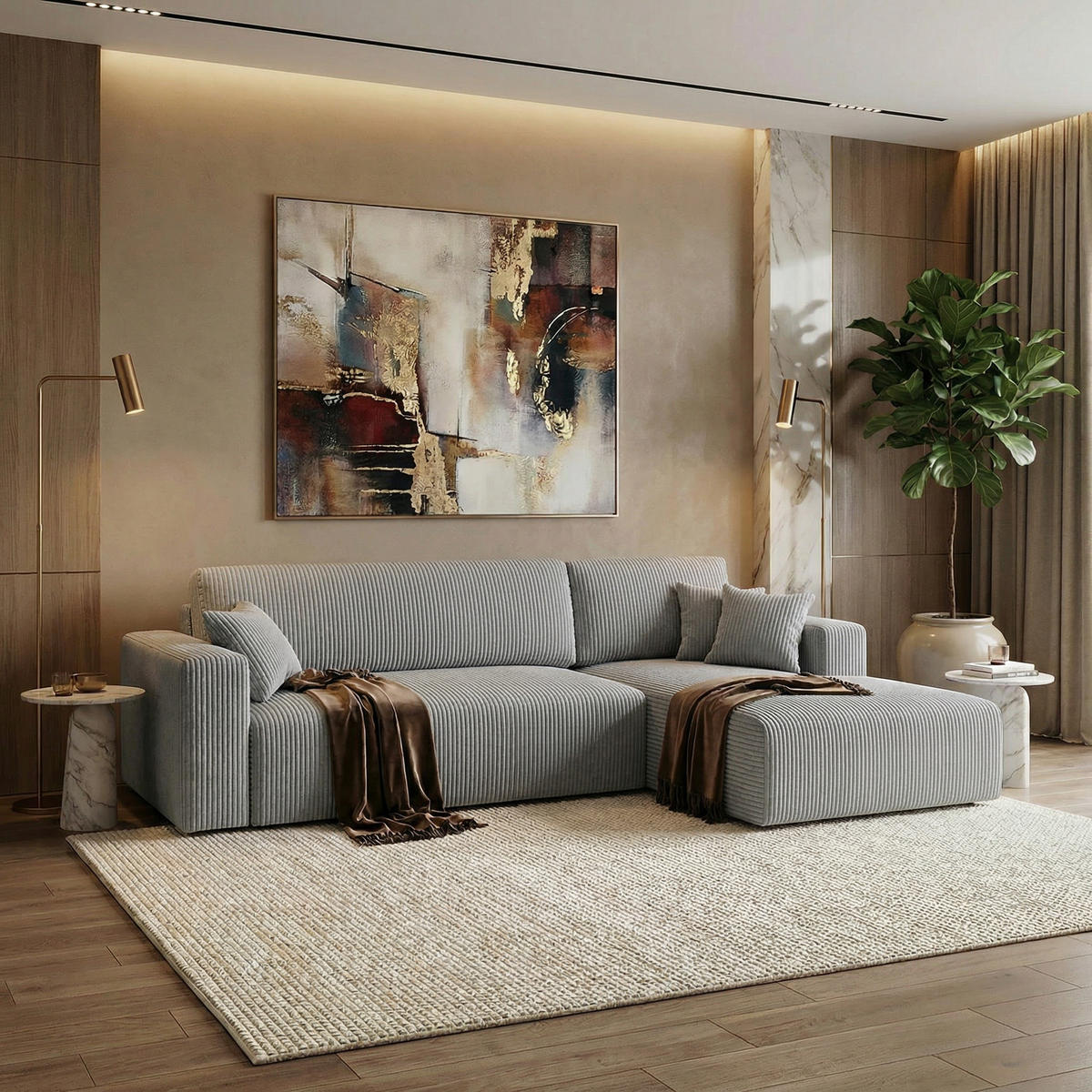 ECKSOFA PULA CORD HELLGRAU L - Rechts - Hellgrau/Schwarz, Kunststoff/Textil (279/187cm) - Luxkor24