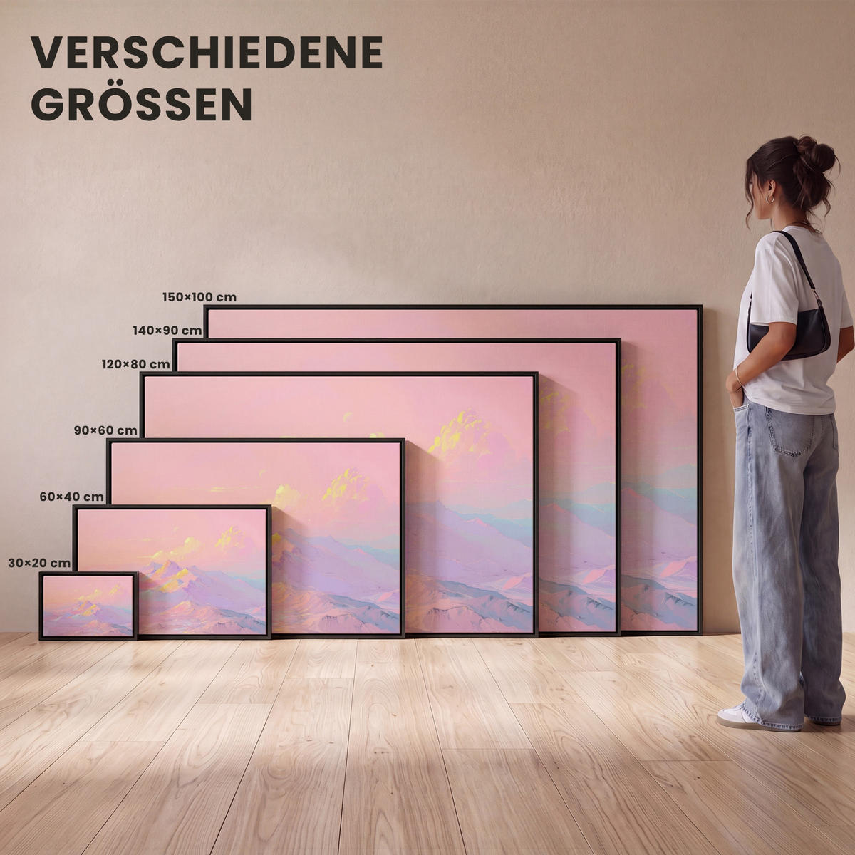 LEINWAND Bilder mit Rahmen - Berggipfel - Wolken - Verträumt - 150x100 - Hellrosa, Textil (150/100cm) - MuchoWow
