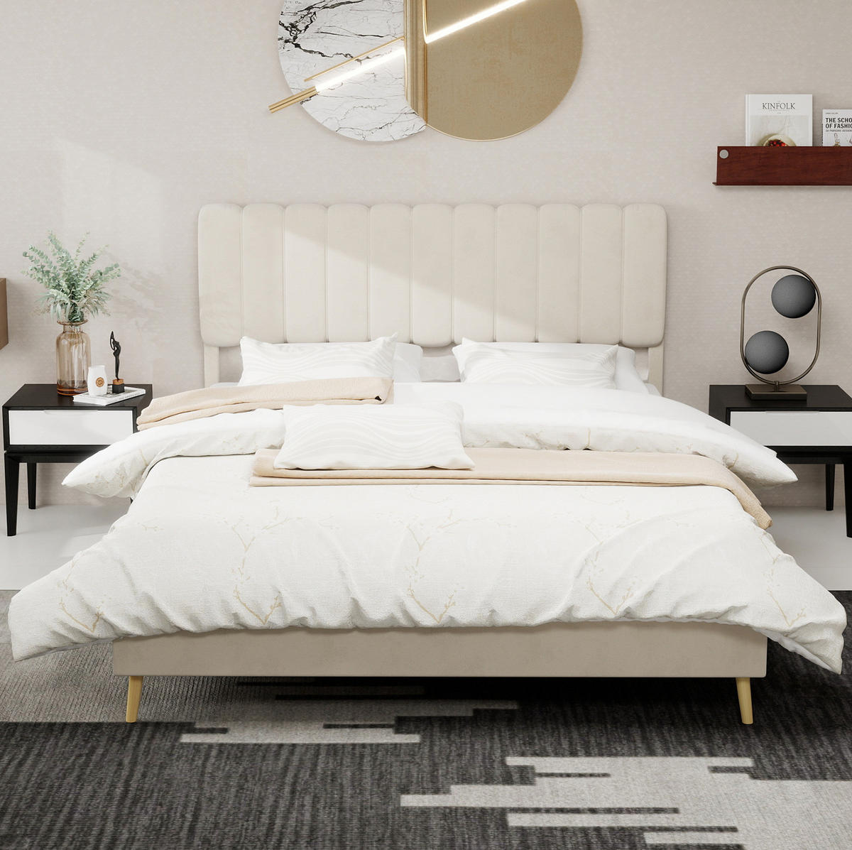 POLSTERBETT 160/200 cm beige aus Stoff und Metall mit Samtbezug - Beige, Textil (160/200cm) - OKWISH