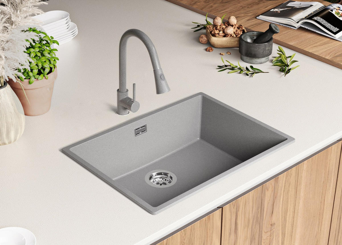 GRANITSPÜLE London Slim, 2-er set Grau 66/47 cm 1 Becken + Küchenarmatur 32/20 cm + Ablauf-Set ab 70er Unterschrank - Chromfarben/Grau, Kunststoff (66/20/47cm) - Primagran